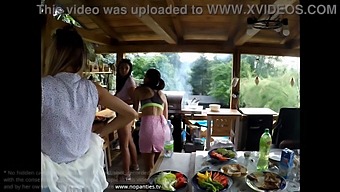 Outdoor Group Sex With Shaved Pussy Babes In Mini Skirts